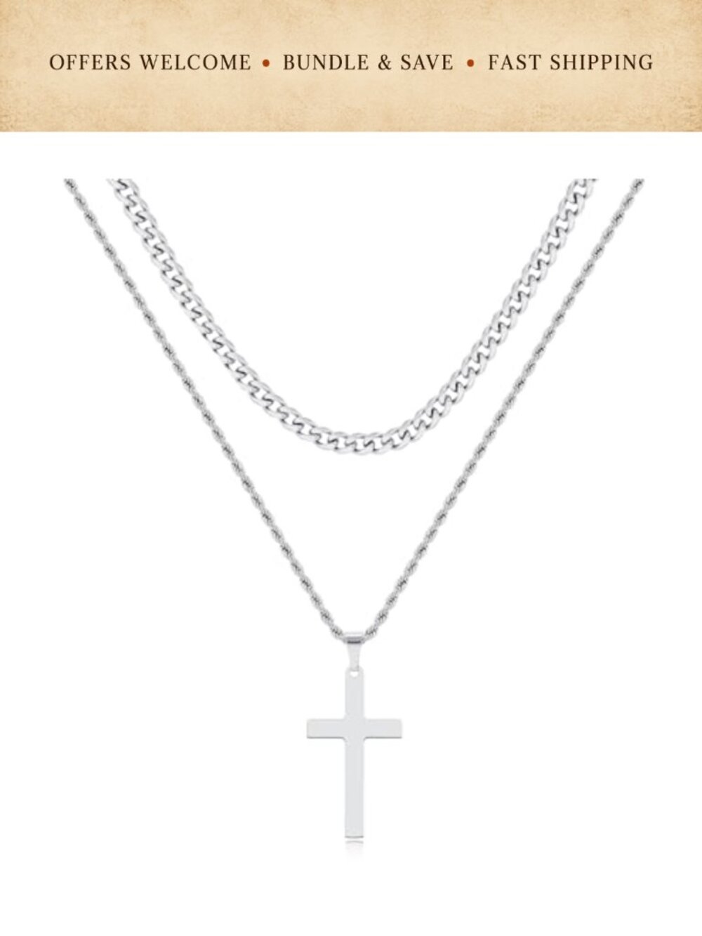 Mens Stainless Steel Cross Necklace Set Cuban Rope Chain 2Pc Layered